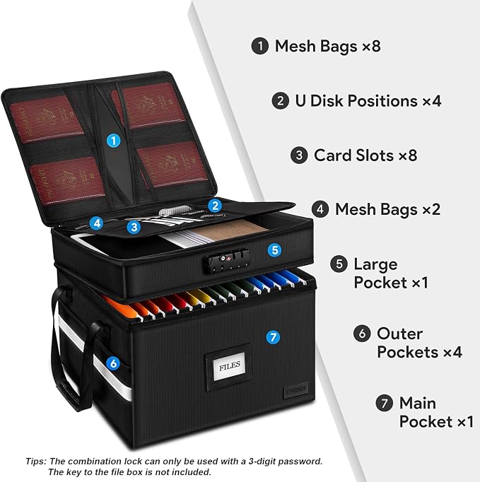 Fireproof File Oganizer with Lock, 2 Layer Fireproof Document Storage Box | Portable Office File Cabinet with 5 Tab Inserts, Collapsible File Storage for Hanging Letter, Legal Size Folder, Certificate - Image 2