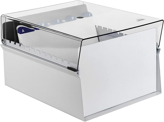 Acrimet 6 x 9 Card File Holder Organizer Box Metal Base Heavy Duty (AZ Index Cards and Divider Included) (White Color with Crystal Plastic Lid Cover) - Image 2