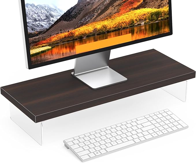 Monitor Stand Riser, 25x10 in Wood & Acrylic Computer Desk Organizer Shelf | Computer Monitor Stand With Wood & Acrylic Design; Works As Laptop Riser, Printer Stand, TV Screen Riser And Desk Organizer. by SSWOOD