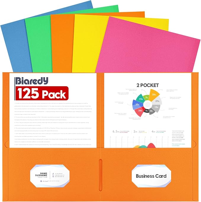 Two Pocket Folders,125 Pack Bulk Letter Size 8.5" x 11" Folders with Business Card Slot, Assorted 5 Colored Thick Paper File Folder for Office/School/Law Firms/Business/Home Use by Unknown