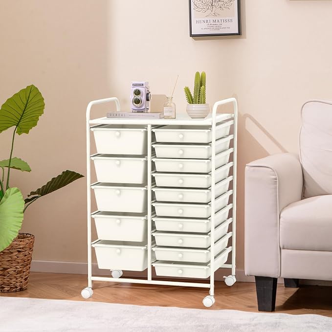 GOFLAME 15-Drawer Rolling Storage Cart, Craft Storage Cart with Removable Drawers & Lockable Wheels, Art Cart Supply Storage Organizer for Home Office Classroom, White - Image 9