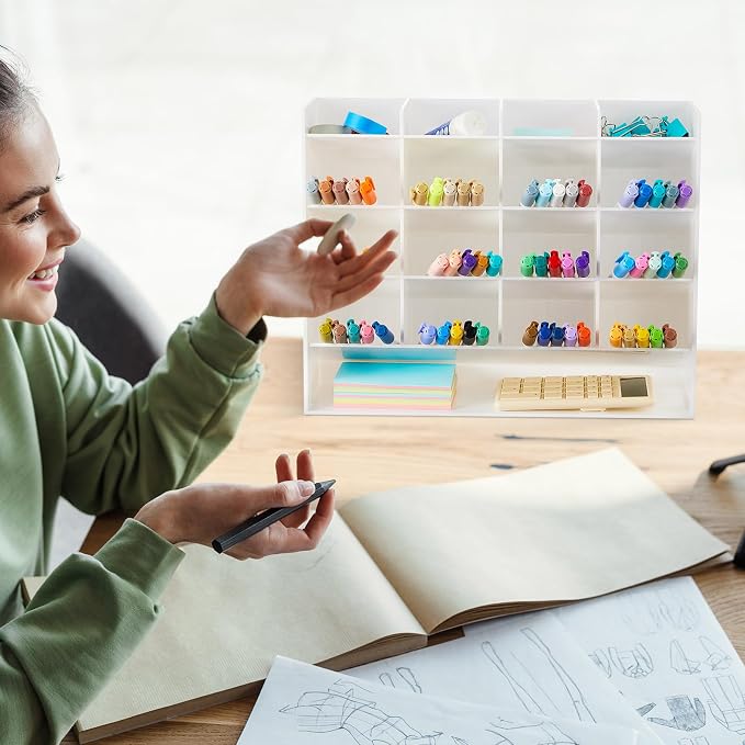 MotiMind Acrylic Pen Organizer Storage for 200 Markers Vertical Marker Organizer Acrylic Pen Display Holder for Office Desk Desktop Stationery Pencil Storage, White, 13 x 4 x 10.2 Inch - Image 6