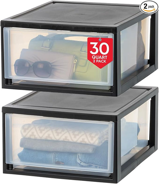 IRIS USA 2-Pack 30 Qt. Stacking Drawer Organizer with Sliding Drawer, Black | Organize clothing, accessories, office supplies, and household essentials around your home with easy access to stored items by IRISUSA