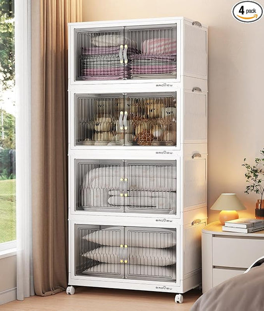 BROVIEW 320Qt Stackable Storage Bins with Lid, Extra Large Closet Organizer Collapsible Drawer Boxes with Wheels, Folding Plastic Cabinet Containers for Home Kitchen Room Organization, 4Pack White by BROVIEW-EnjoytheArtofLife