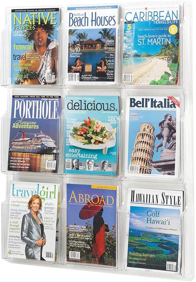 Safco Reveal Literature Rack, 9 Compartments Magazine Holder, Wall-Mounted Brochure Organizer, Acrylic, Clear by SafcoProducts