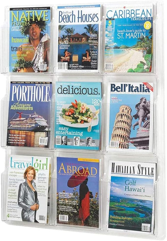 Safco Reveal Literature Rack, 9 Compartments Magazine Holder, Wall-Mounted Brochure Organizer, Acrylic, Clear by SafcoProducts