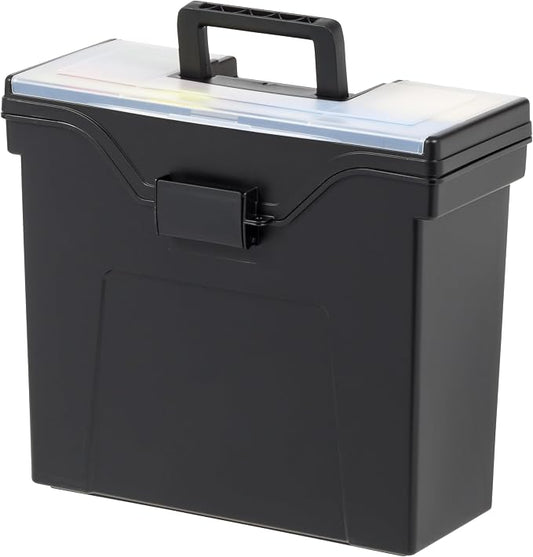 IRIS USA Slim Portable File Box Organizer with Lid, Letter Files, Black | Carry letter size files, folders and paperwork with a slim portable design and secure storage for everyday organization by IRISUSA