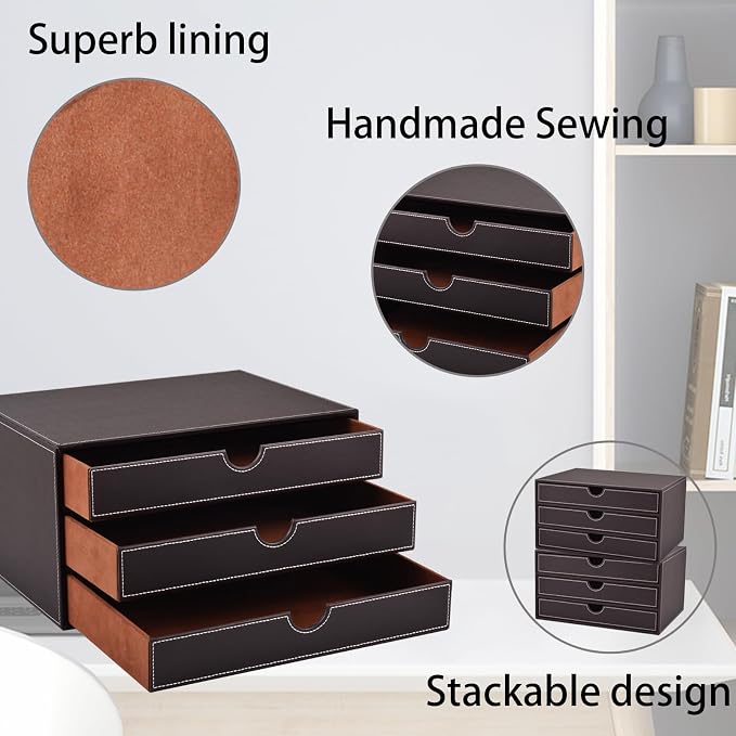 PU Leather Desk Organizer with 3 Drawers,Executive Office Supplies Desktop Filing A4 File Cabinet/Holder for Jewelry/Bill/Paper/Documents/Makeup Home Decor Stationery Storage Box,Brown - Image 5