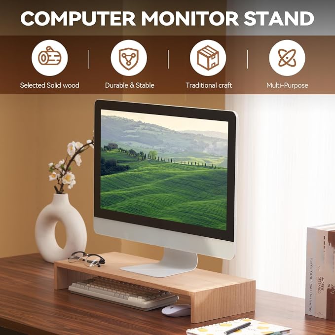 KIRIGEN Wood Monitor Stand Riser for Desk, 23.2 Inch, Natural 59-NA | Desktop Workspace Platforms Stand Fully Assembled for Monitors, Laptops, Small TVs, or Printers - Image 2