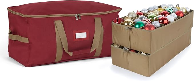 Covermates Keepsakes Adjustable Ornament Storage Bag – Heavy-Duty Polyester, Padded Dividers & FlexGrid Trays – Protective Holiday Ornament Organizer with Handles & Label Window, Red by Covermates