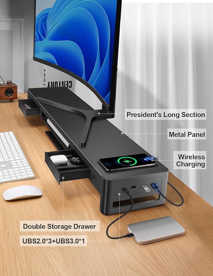 meatanty Dual Monitor Stand Riser with 2 Drawers,4 USB Ports and Charging Pad,Metal Monitor Stand for 2 Monitors Supports Transfer Data and Charging,Desk Organizer for PC,iMac(38.7 inches) - Image 4