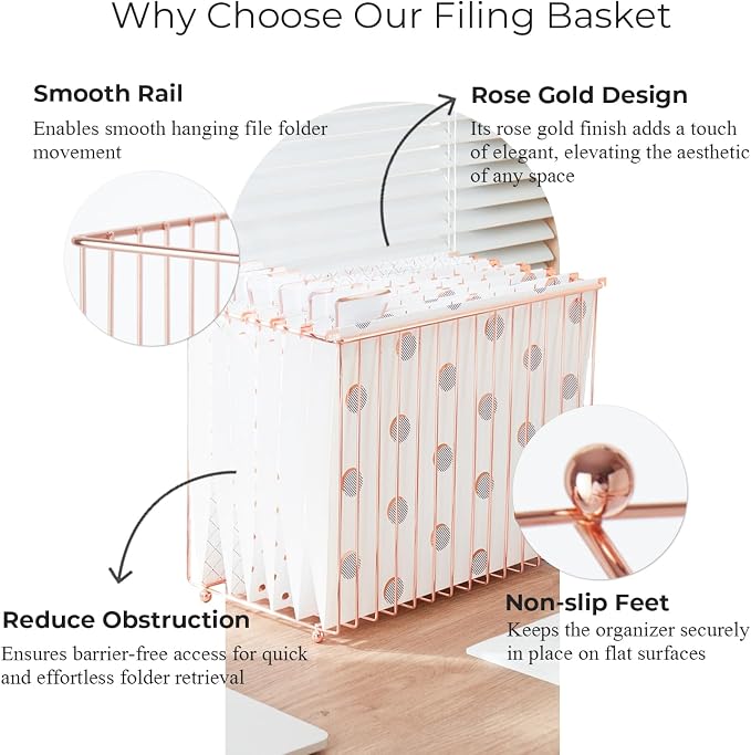 Y YOMA Hanging File Organizer, Letter Size Rose Gold Metal Desk File Crate Storage Basket for Home Office, 1 Pack, I Shaped - Image 4