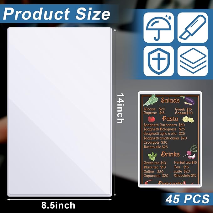 45 Pcs 8.5" x 14" Clear Plastic Menu Sleeves Covers Legal Size for Restaurant Menu Protector, 8.5" x 14" Rigid Print Protectors, Clear Hard Plastic Protective Sleeves Covers - Image 3