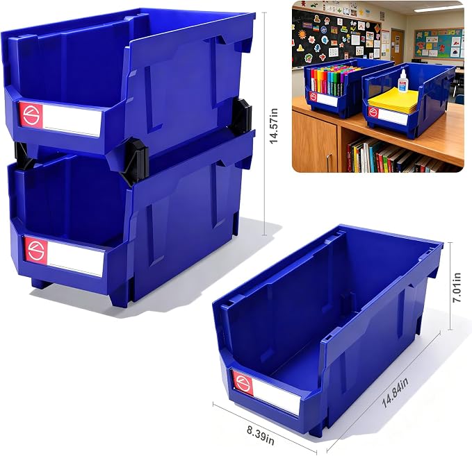 4Pack Storage Organizer Boxes,Desk Drawer Organizer, Stackable Storage Bins for Store Tools,Office Supplies,Workshop,Containers Garage(14.84" x 8.39"x 7.01"),Blue - Image 2