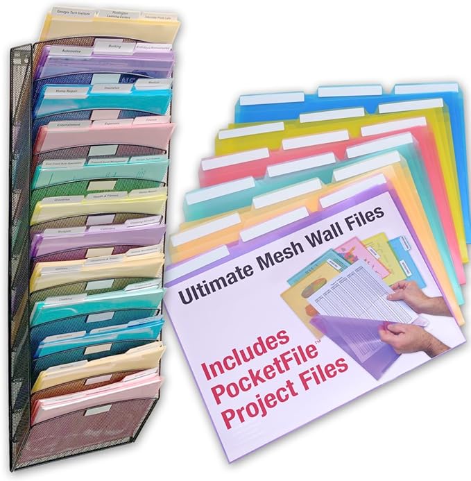 Ultimate Office Mesh Hanging Wall File Organizer, 12 Tier + 18 PocketFiles | Vertical mount hanging file sorter and display rack; includes 18 3rd-cut PocketFile clear document folders by UltimateOffice