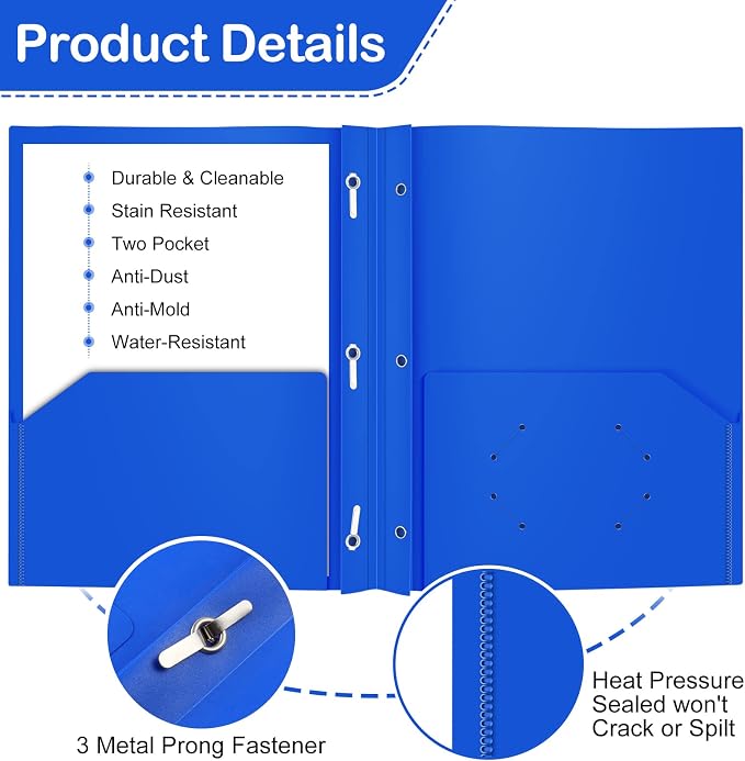 ViVin 12 Pack Plastic Folders with Pockets and Prongs, Heavy Duty 2 Pocket Folders with 3-Prong Fasteners, Poly File Holds 8-1/2" x 11" Paper for School Office Home (Blue) - Image 2