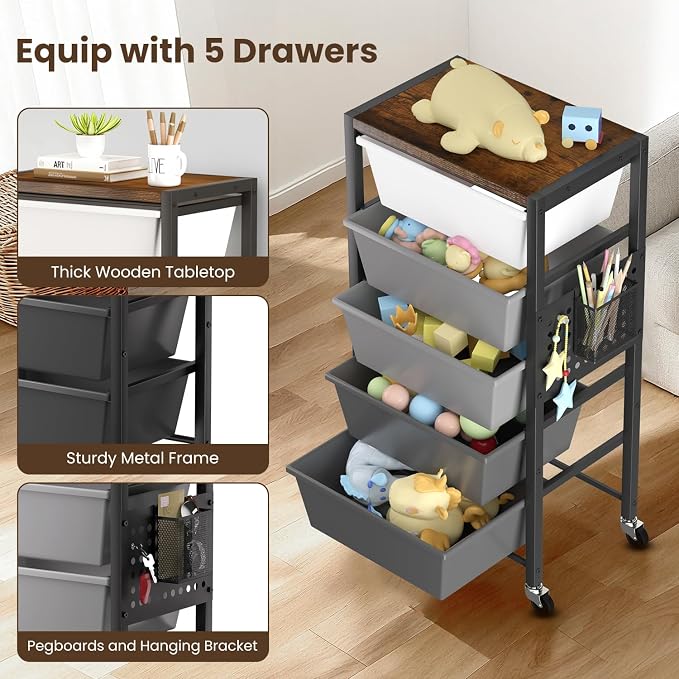 Rolling Cart with 5 Drawers, Plastic Drawer Storage Carts with Wheels & Wooden Tabletop, Metal Utility Cart with Pegboards, Office Living Room Classroom Craft Organization and Storage, Dark Grey - Image 5