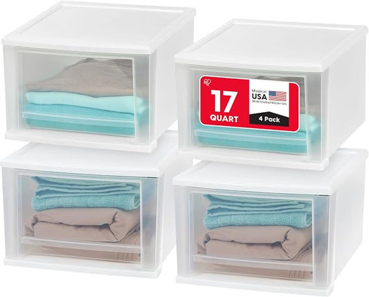 IRIS USA 4-Pack, 17 Qt. Medium Stacking Drawer Storage Organizer, White | Keep clothing, accessories, office supplies, and everyday essentials organized around your home with easy access storage by IRISUSA