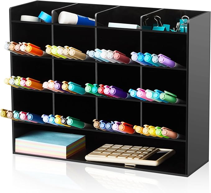 MotiMind Acrylic Pen Organizer Storage for 200 Markers Vertical Marker Organizer Acrylic Pen Display Holder for Office Desk Desktop Stationery Pencil Storage, Black, 13 x 4 x 10.2 Inch by MotiMind