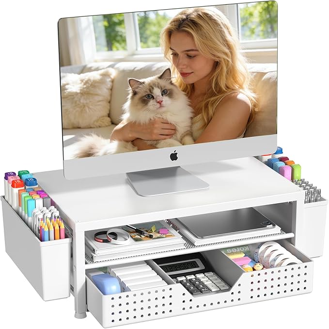 Desk Organizers and Accessories, Computer Monitor Stand Riser with Drawer and 2 Pen Holders, Printer & Laptop Stand, Office Desk Accessories & Workspace Organizers for Home Office Supplies, White by OPNICE
