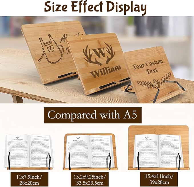 Personalized Book Stand for Reading, Custom Bamboo Cookbook Stands Book Holder with 5 Adjustable Height, Foldable Book Holder for Textbook, Receipe, Painting Papers, Tablet - Image 2