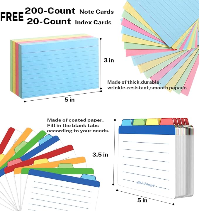 Neando 3x5 inches Index Card Holder, Bamboo Index Card Box with 20-count Index Cards Guide and 200-count Note Cards, Note Flash Card Organizer Case, Wood Recipe Box, Business Card Storage Box with Divider Tabs, 4 Compartments for 600 Cards, Card File N... - Image 4