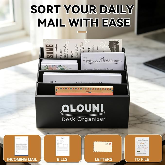 4 Pack Desktop Mail Organizer, 4-Compartment Stepped Mail Sorter for Desk, Letter Holder for Bills, Envelopes, Papers and Documents, Home Office, Reception, Entryway and Countertop, Dorms - Image 3