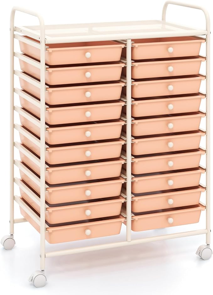 GOFLAME 20-Drawer Rolling Storage Cart, Multifunctional Art Craft Organizer Cart, Mobile Utility Storage Cart with Removable Drawers & Lockable Wheels, Craft Cart for Home Office, Peach Fuzz by GOFLAME