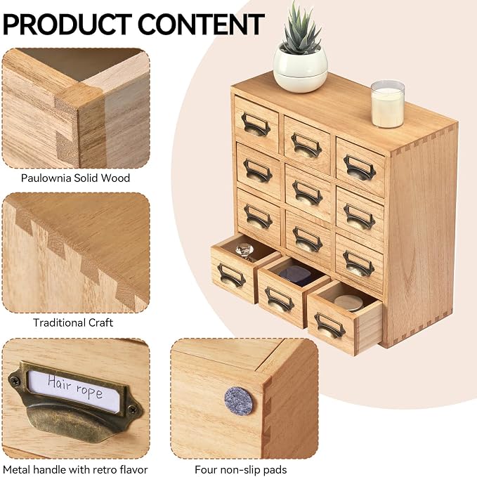 KIRIGEN Wooden Storage Cabinet, 12-Drawer Desktop Organizer Natural 12CG-NA | 12 Mini Drawers with Metal Label Holder Pulls for Cards, Crafts, Tea Bags, Jewelry, Office Supplies, and Small Parts - Image 5