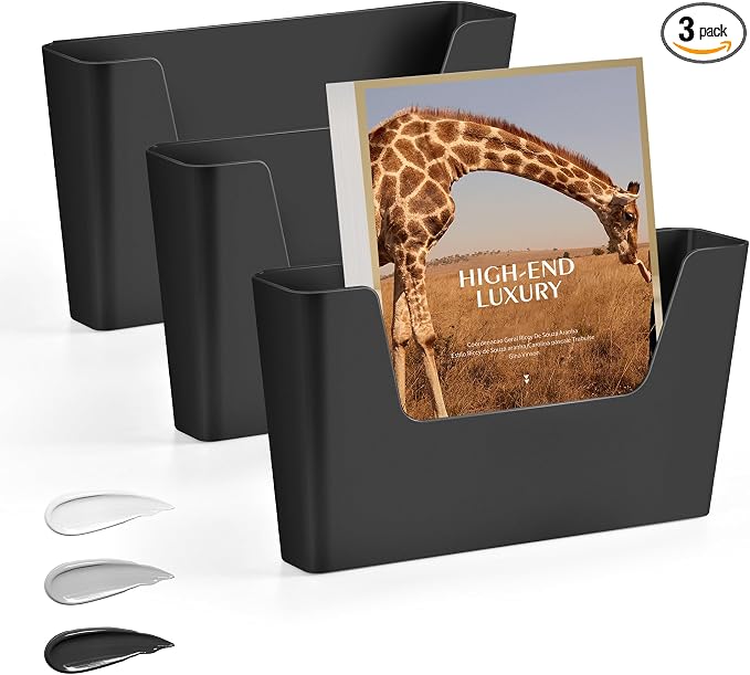 JOMOLA No Drilling File Holder 3 Pack Mail Organizer Wall Mount File Organizer Holder Office Wall Hanging Files Magazines Organizer Plastic Door Mount Wall Pocket with Adhesive Pad, Black Color by JOMOLA