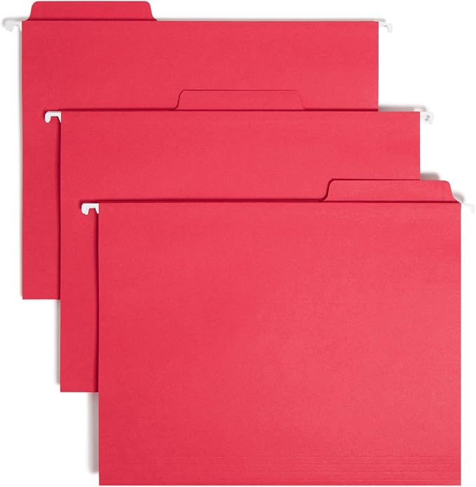 Smead FasTab Hanging File Folder, 1/3-Cut Built-in Tab, Letter Size, Red, 20 Count (64096) by SMEAD