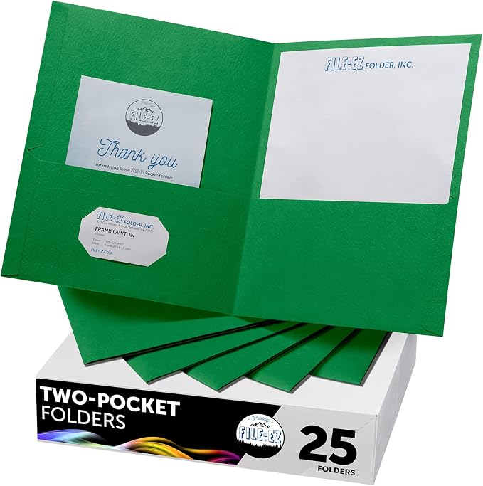FILE-EZ Two-Pocket Folders, Green, 25-Pack, Textured Paper, Letter Size (EZ-32560) by FILE-EZ