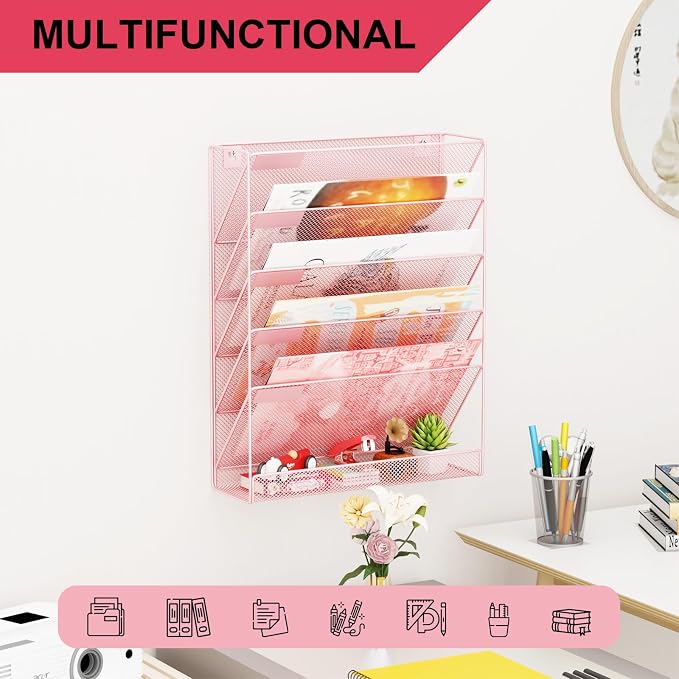 Wall File Organizer Holder Mesh Hanging Paper Document Holder, Vertical 6 Pocket Tier for Office Home, Light Pink - Image 6