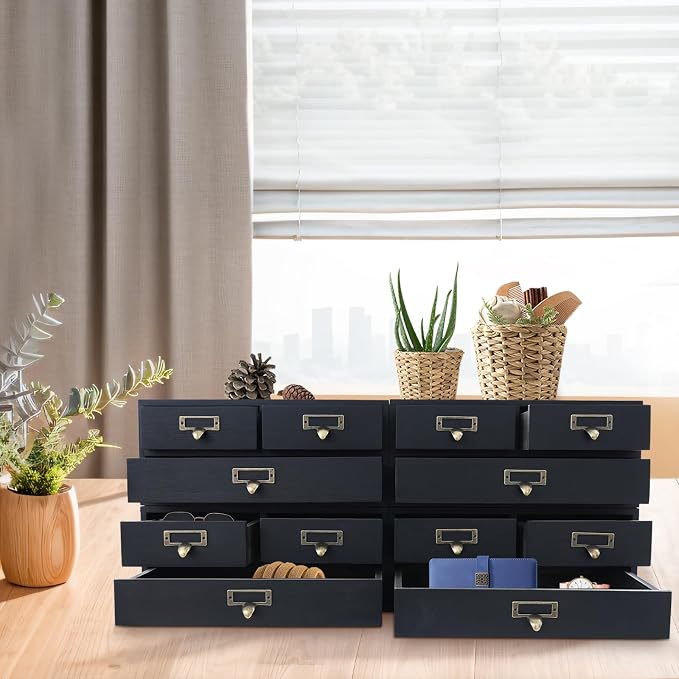 Stackable 4 Pack Pine Wood Desktop Storage Organizer with 3 Drawers, Brown Tabletop Drawer Box with Metal Handles, Space Saving for Office Study Living Room Coffee Bar (Black) - Image 2