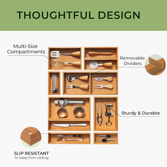 keechee 10-Piece Bamboo Drawer Organizer Set, 2.2" Deep Multi-Use Organizers for Utensils, Silverware, Cutlery, Desk, Bathroom, Junk Drawer & Makeup, Non-Slip Feet Included. - Image 6