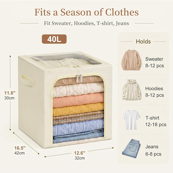 GoMaihe Clothes Storage Bins with Metal Frame for Closet, 40L 6-Pack Beige | Sweaters Hoodies Jeans T-Shirt, Closet Top Shelf Organizer, Collapse-Proof, Stackable, Clear Window, Dual Access Space Saving - Image 2