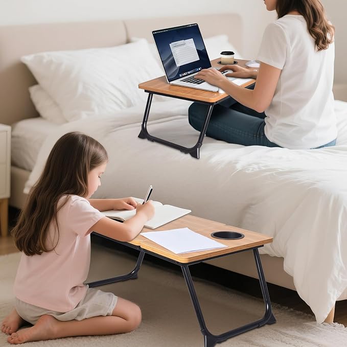 Adjustable Laptop Bed Table with Book Stand, Portable Reading Desk with Side Panel, Wood Grain - Image 9