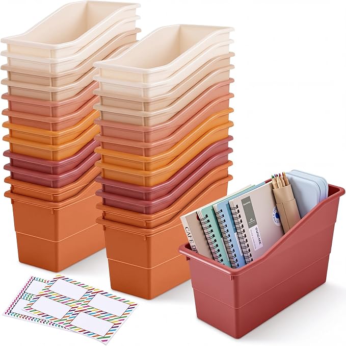 Blosssound 24 Set Book Bins for Classroom with Label Sticker Book Box Baskets Plastic Stackable Organizing Bins Storage & Organization for Classroom Library Home School Supplies (Earth Tones) by Blosssound