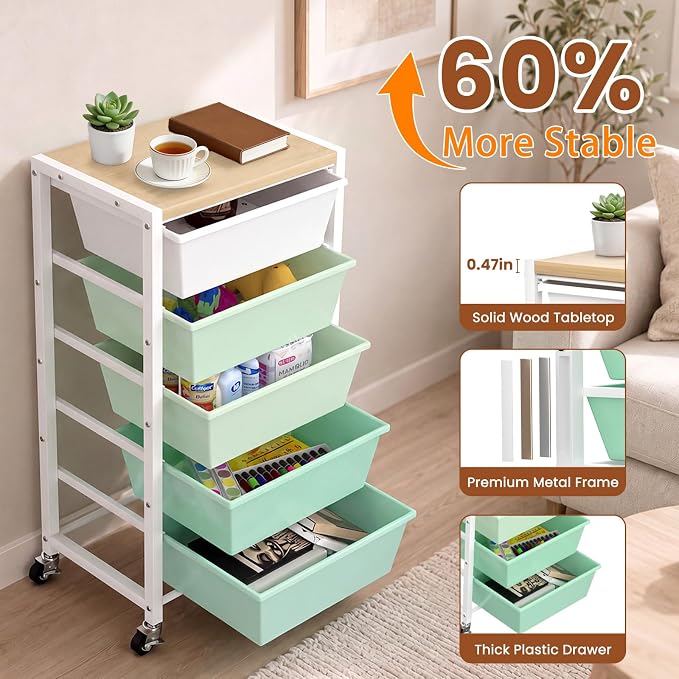 Rolling Cart with 5 Drawers, Plastic Drawer Storage Carts with Wheels & Wooden Tabletop, Metal Utility Cart for Office Bedroom Living Room Classroom, Craft Organization and Storage, Green - Image 5