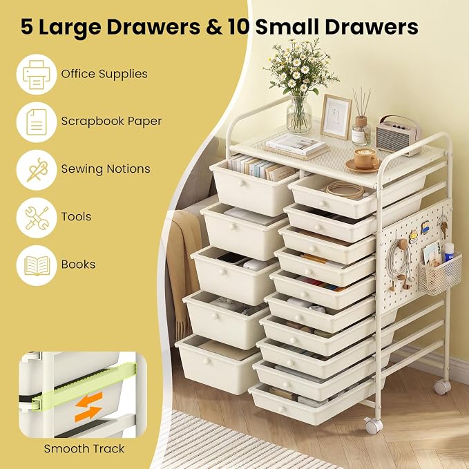 GOFLAME 15-Drawer Rolling Storage Cart with Pegboard, Craft Storage Cart with Lockable Wheels and Metal Frame, Art Cart Supply Storage Organizer for Home Office Classroom, White - Image 4
