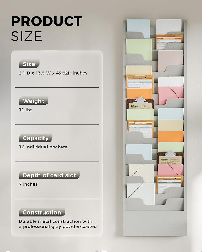 OSKIE Wall-Mount File Organizer, 16 Pockets Document Holder, Metal Construction, Gray White Powder-Coated, 14x3x46H inches - Image 3