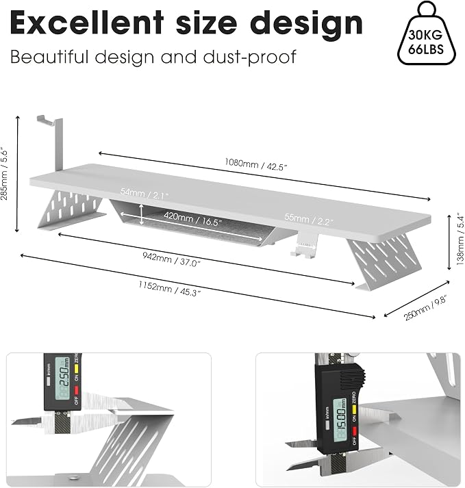 Fenge Dual Monitor Stand, Wooden Desk Shelf with Headphone & Phone Holder | 42.5" Monitor Riser with Storage Shelf, 2-Tier Monitor Shelf with Metal Leg for Home Office Organizer, White - Image 4