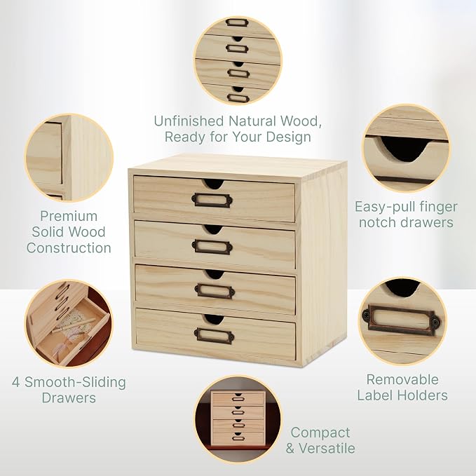 DIY Wooden Desk Organizer with Drawers – Unfinished 4-Drawer Desktop Storage Box – Personalizable Wood Desk Organizer for Crafts, Office, or Home – Compact Wooden Storage Drawers Ready to Decorate - Image 4