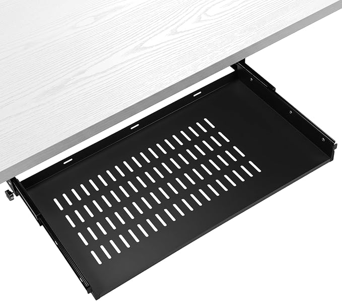 Sliding Under Desk Laptop Mount Shelf with Air Vents 21'' W x 12'' D Metal Under Desk Slide Out Tray Laptop Storage Tray for Home Office Standing Desks Workstations Cabinet Gaming by Otoolling