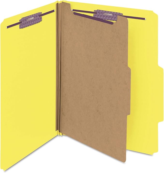 Smead Pressboard Classification File Folder with SafeSHIELD Fasteners, 1 Divider, 2" Expansion, Letter Size, Yellow, 10 per Box (13734) - Image 8