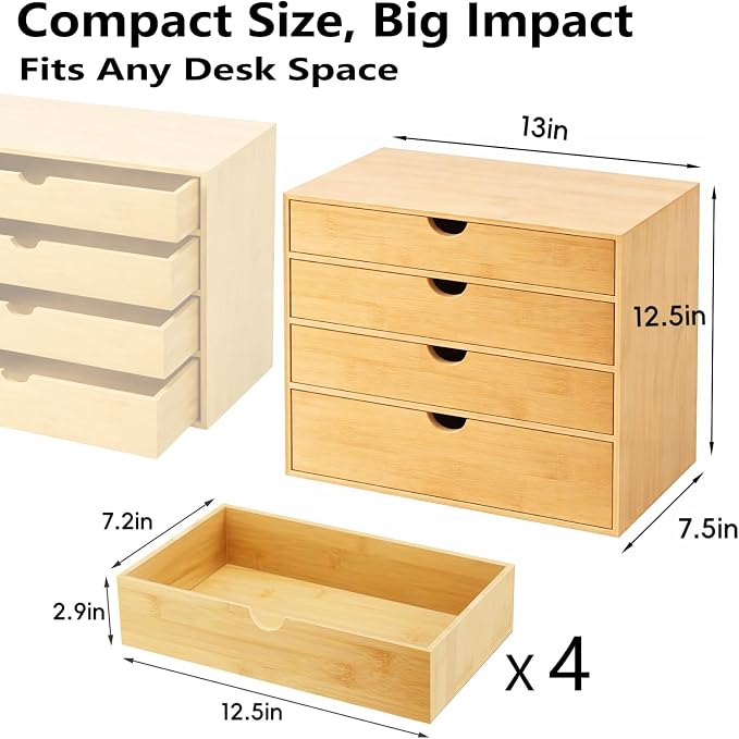 Neando Bamboo Desk Organizer with Drawers, 4-Tier Wooden Desk Organizer, Small Desktop Storage for Office Supplies, Makeup, Accessories, Space-Saving Organizer for Desk, Vanity & Home - Image 3