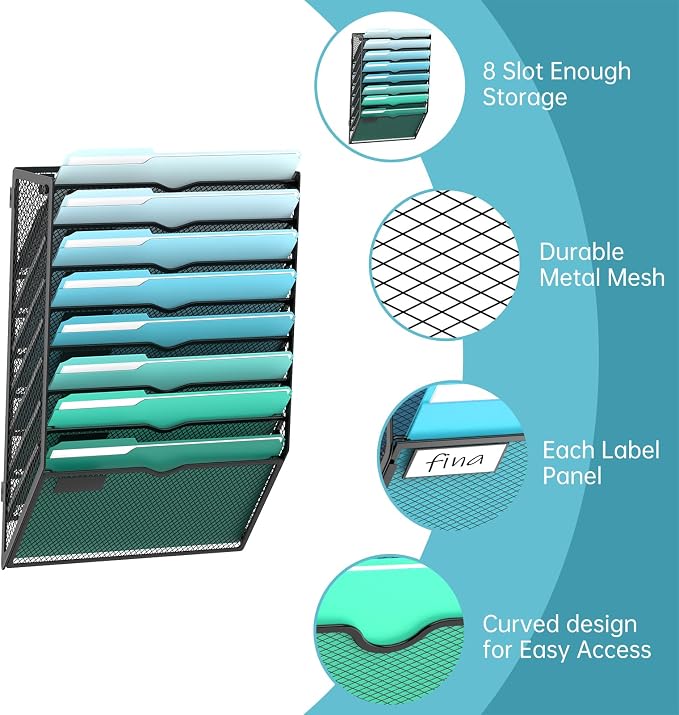8-Tier Wall File Organizer, Wall Mounted Mail Sorter, 2 Pack | Metal Mesh Hanging File Organizer with Open Compartments and Label Panels for Papers and Folders at Home, Office or School - Image 3