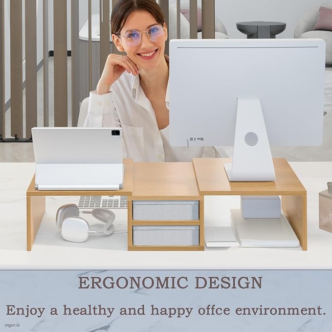 TEAMIX 42 inch Dual Monitor Stand Riser with 2 Drawers- Length and Angle Adjustable 3 Shelf Riser with Storage Desk Organizer Computer Monitor Stand for 2 Monitors/Laptop/PC,Screen/TV Stand Riser - Image 7