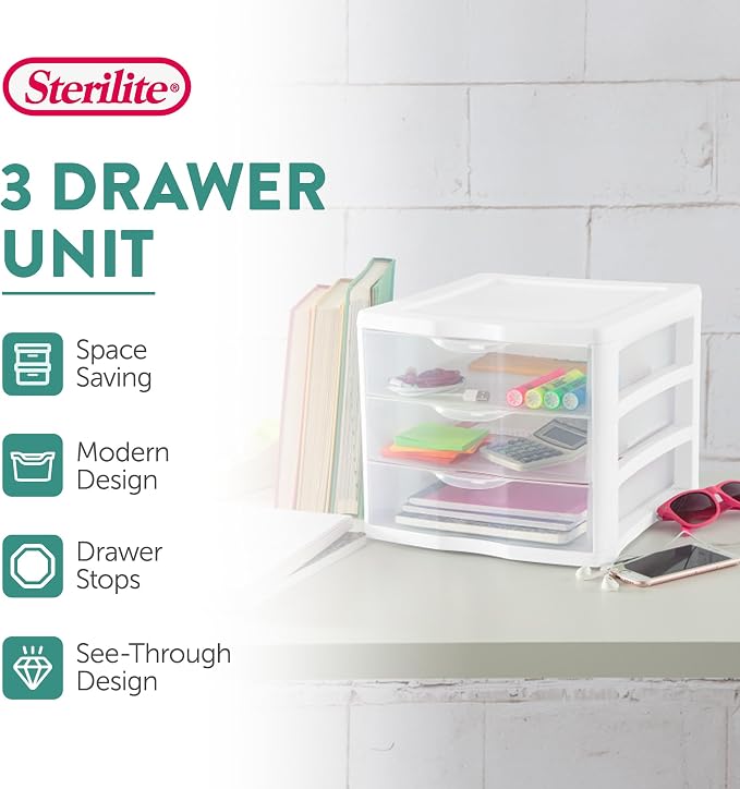 Sterilite ClearView Compact Stacking 3 Drawer Storage Organizer System for Crafting Supplies, Home Office, or Dorm Room, (16 Pack) - Image 4