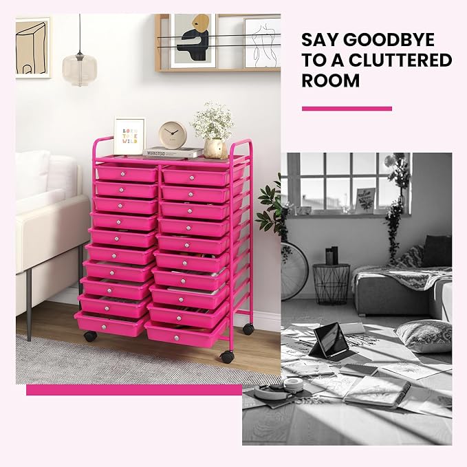 Giantex 20 Drawers Rolling Cart, Mobile Storage Drawer Cart, Classroom Organizer for Office School Supplies Teacher Tools Scrapbook Paper Craft Small Printer, Utility Stand on Wheels, Hot Pink - Image 9